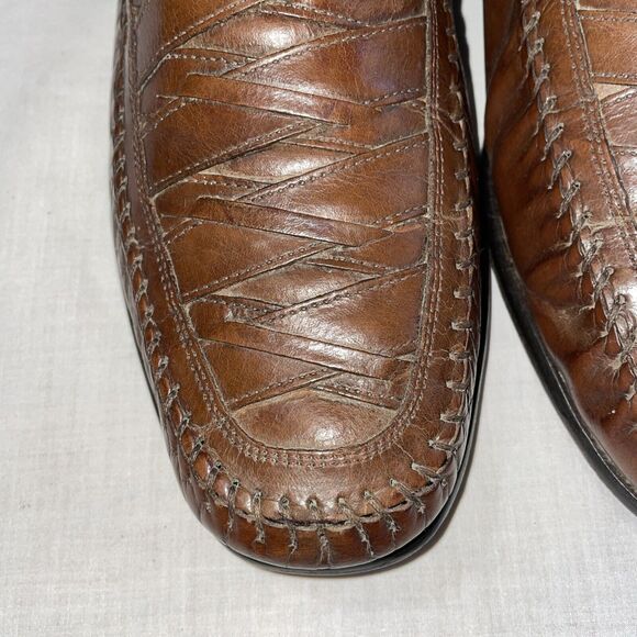 Brass Boot Dress Shoes Mens Size 12 M Brown Leather Criss Cross Toe Slip On - Picture 8 of 12